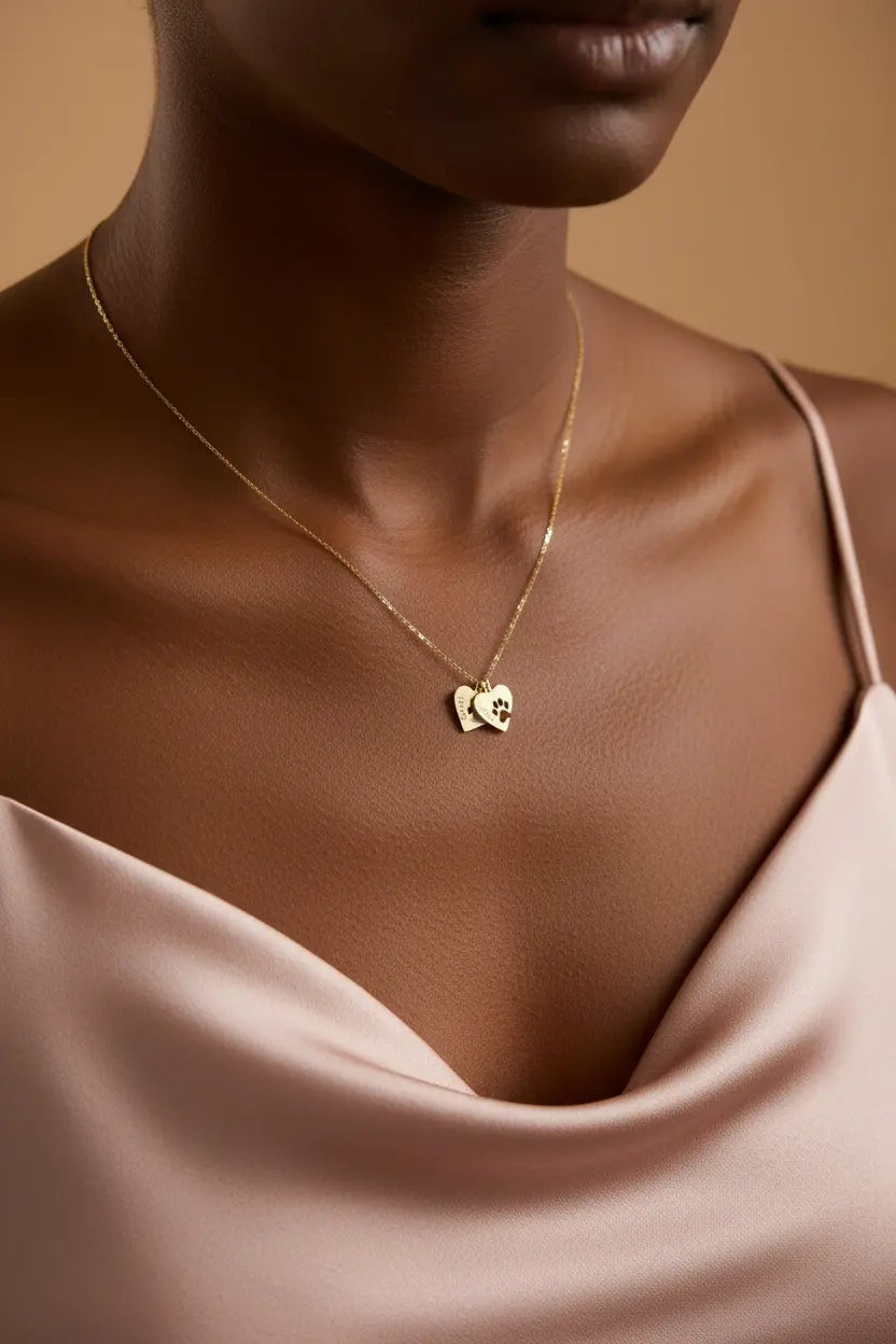 Personalized Paw Print Heart Necklace – Custom Pet Name Engraved, 1 to 4 Hearts, Gold Dog Cat Memorial Jewelry Gift