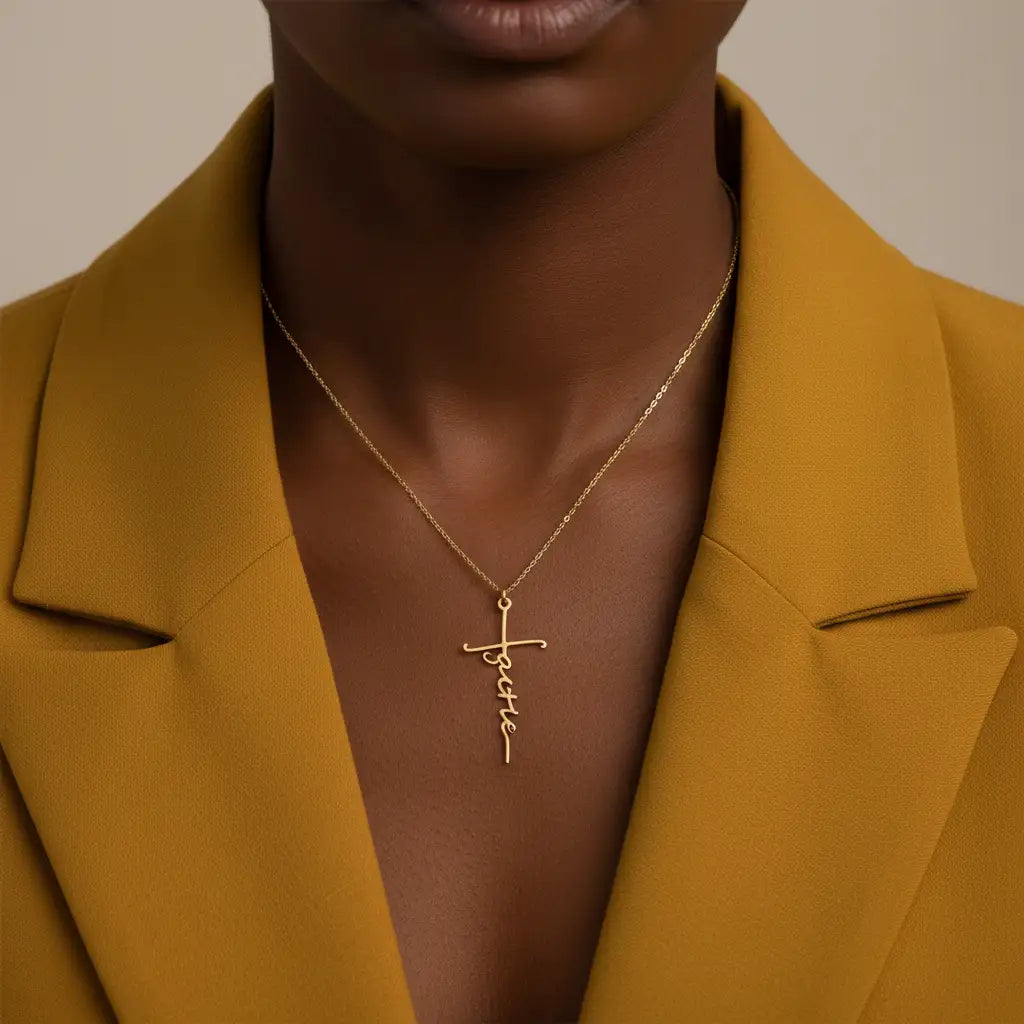 Custom Word Cross Necklace – Personalized Cursive Script Faith Pendant | Titanium Steel, 18K Gold Plated