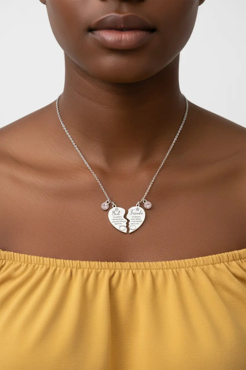 Best Friends Birthstone Necklace Set – Personalized Name Engraved, Split Heart BFF Jewelry Gift for 2