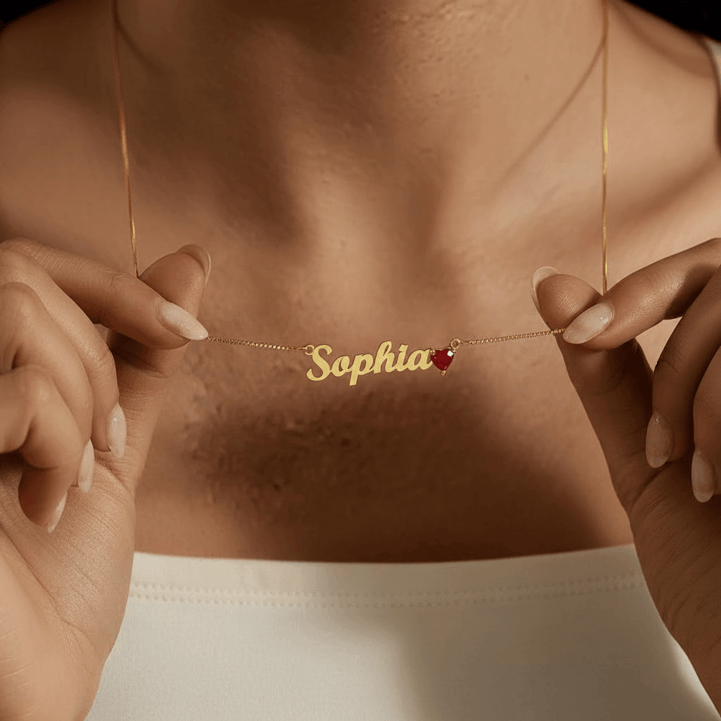 Custom Name Necklace with Birthstone Heart Charm | Personalized Gift for Her