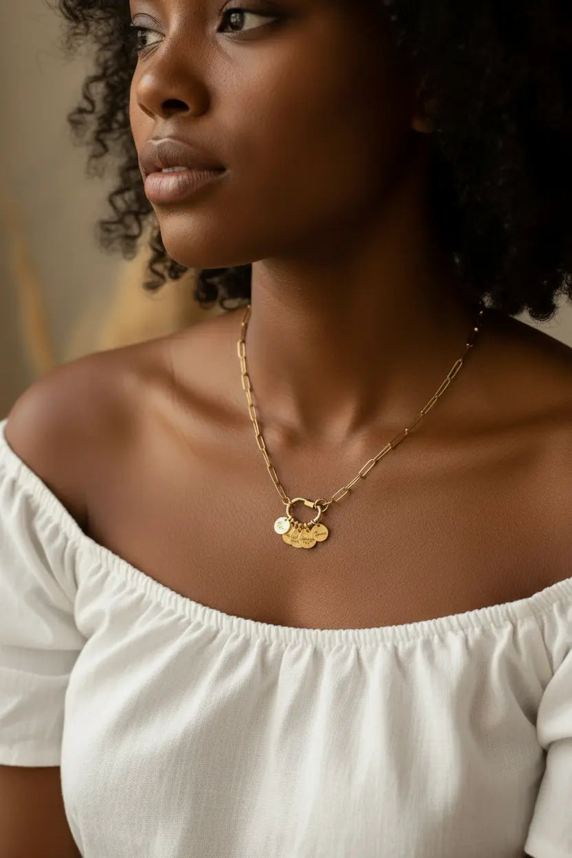 Personalized Name Charm Necklace | Custom Engraved Gold Coin Pendant | Paperclip Chain | Gift for Mom, Wife, Best Friend