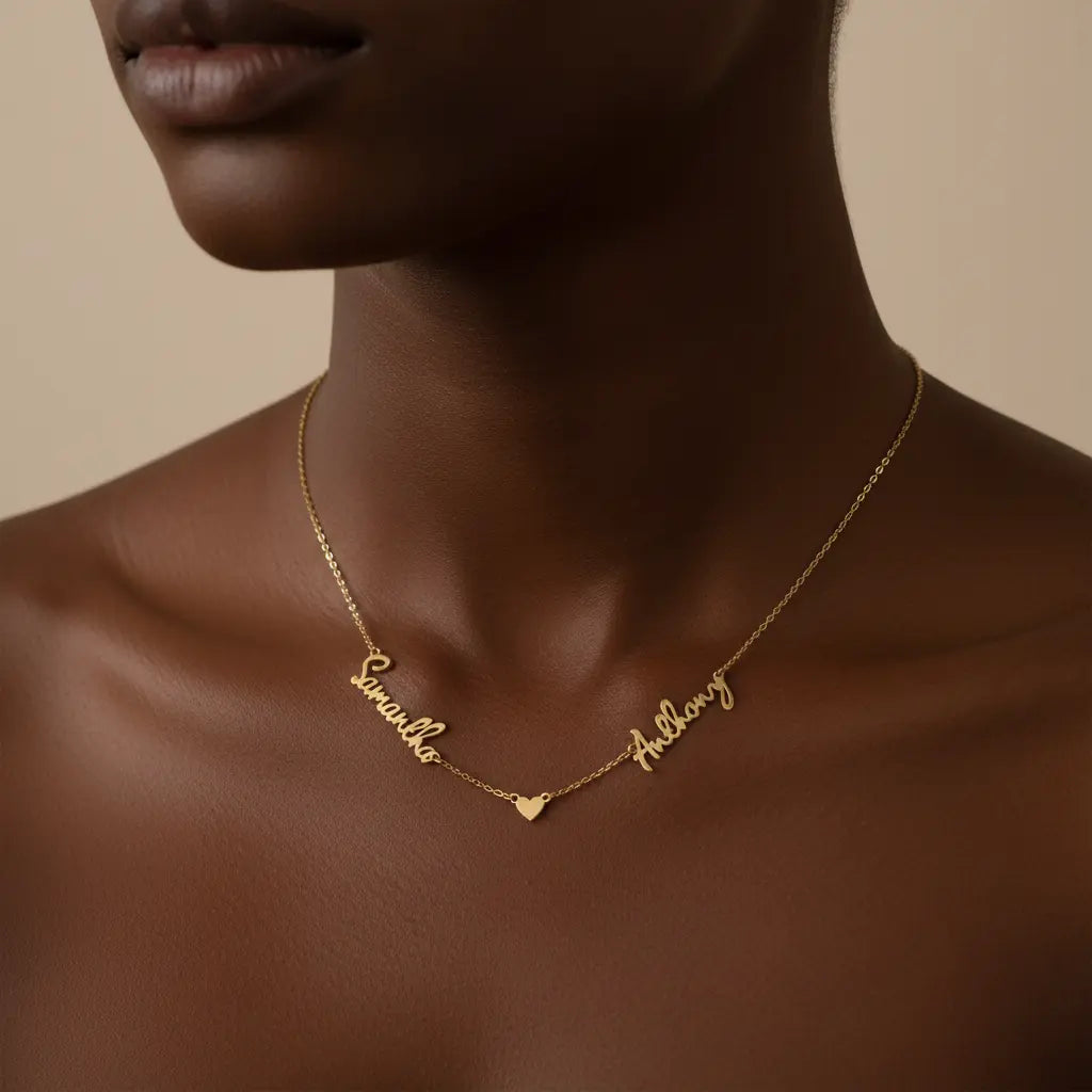 Custom Two Name Heart Necklace – Personalized Couples Name Pendant | Titanium Steel, 18K Gold Plated