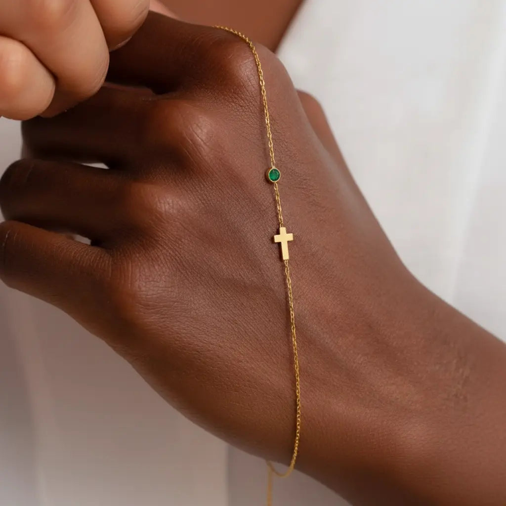 Birthstone Cross Bracelet – Personalized Gemstone & Cross Charm | Titanium Steel, 18K Gold Plated