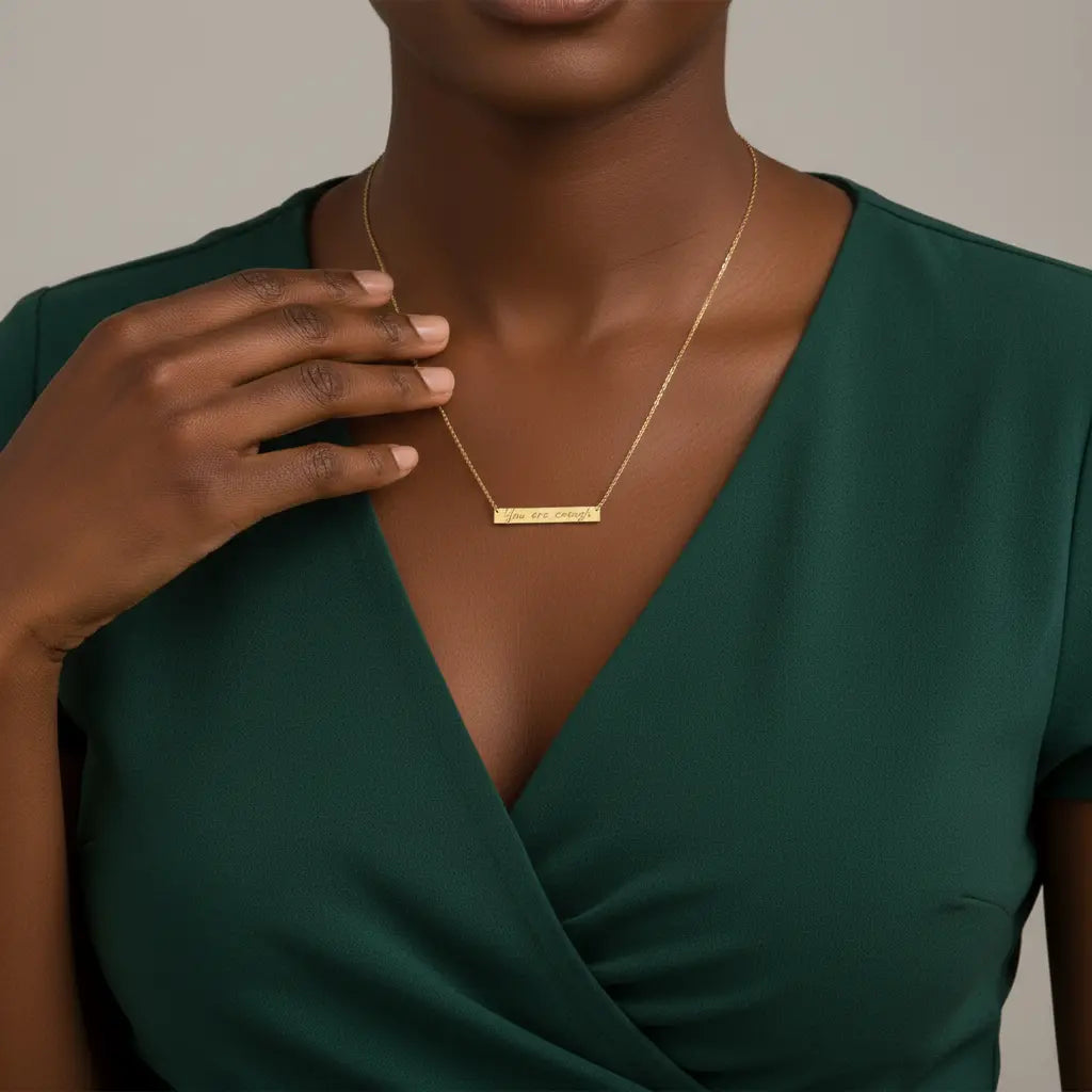 Custom Engraved Bar Necklace – Personalized Name Quote Horizontal Pendant | Titanium Steel, 18K Gold Plated