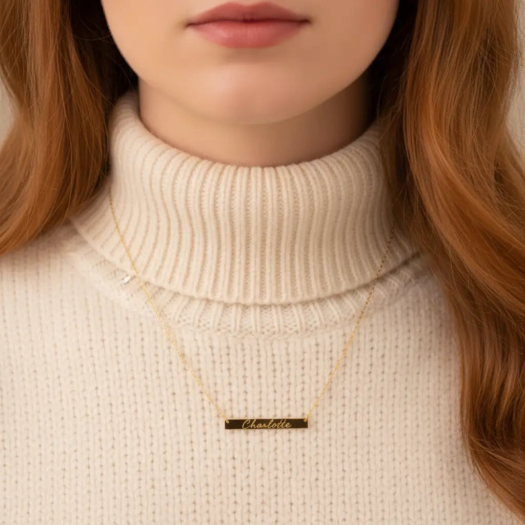 Custom Engraved Bar Necklace – Personalized Name Quote Horizontal Pendant | Titanium Steel, 18K Gold Plated