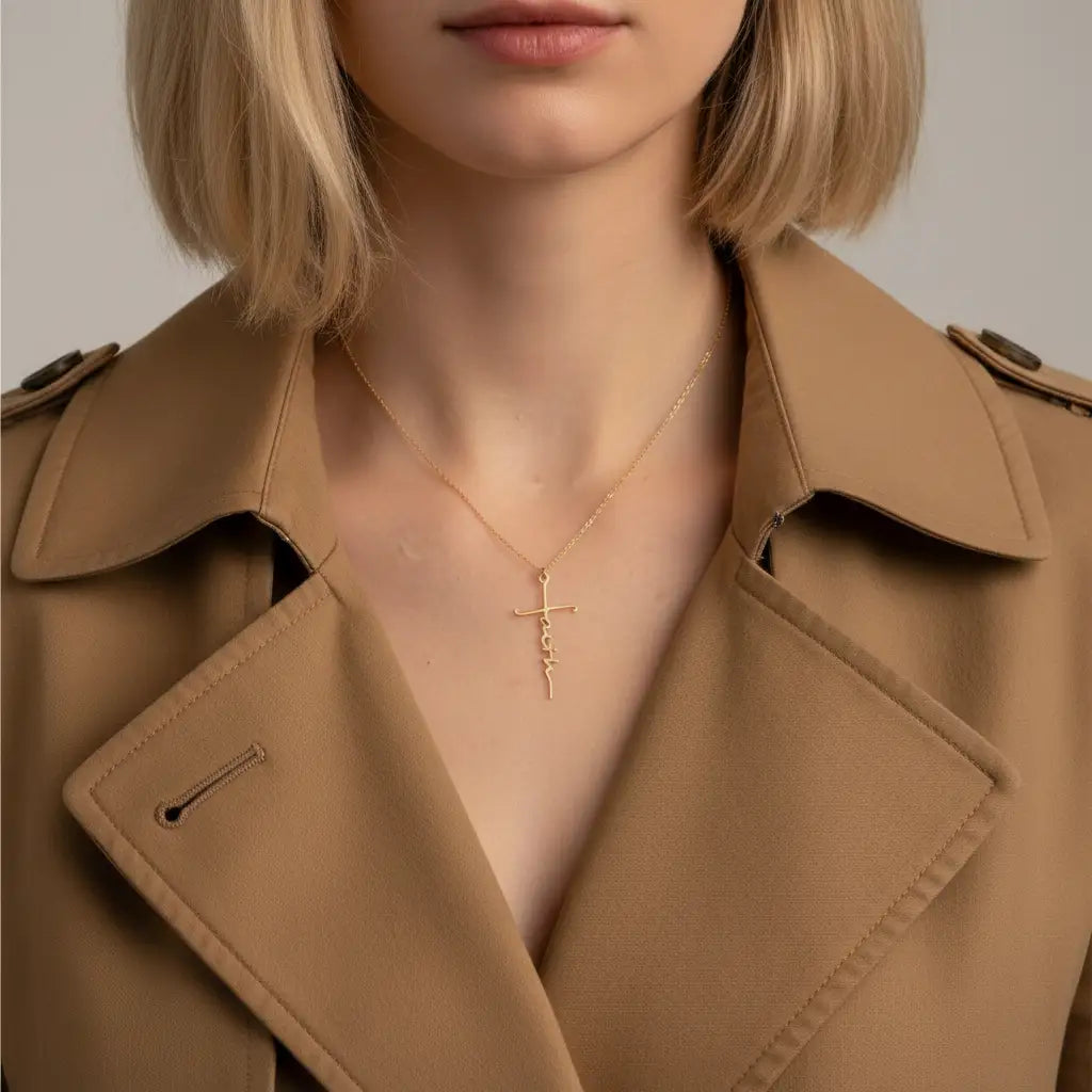 Custom Word Cross Necklace – Personalized Cursive Script Faith Pendant | Titanium Steel, 18K Gold Plated