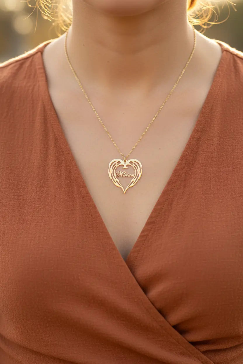 Personalized Angel Wings Heart Name Necklace | Custom Engraved Cursive Script | Titanium Steel | Gold, Silver, Rose Gold | Gift for Her, Mom, Daughter, Wife, Best Friend