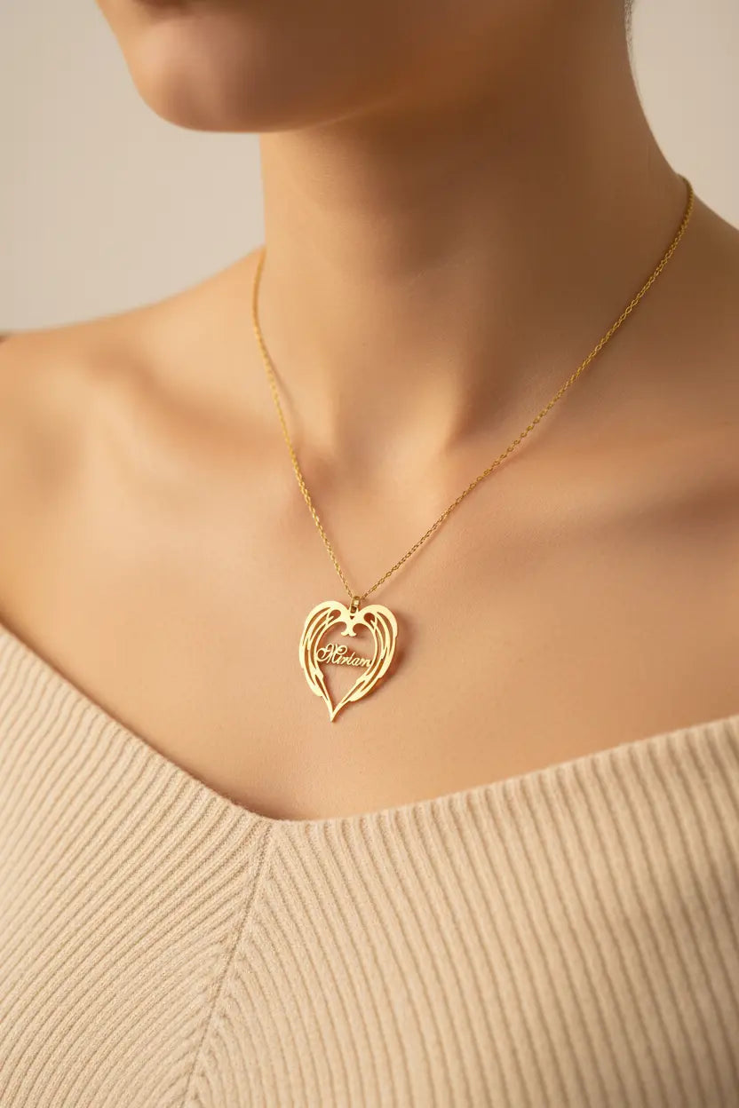 Personalized Angel Wings Heart Name Necklace | Custom Engraved Cursive Script | Titanium Steel | Gold, Silver, Rose Gold | Gift for Her, Mom, Daughter, Wife, Best Friend