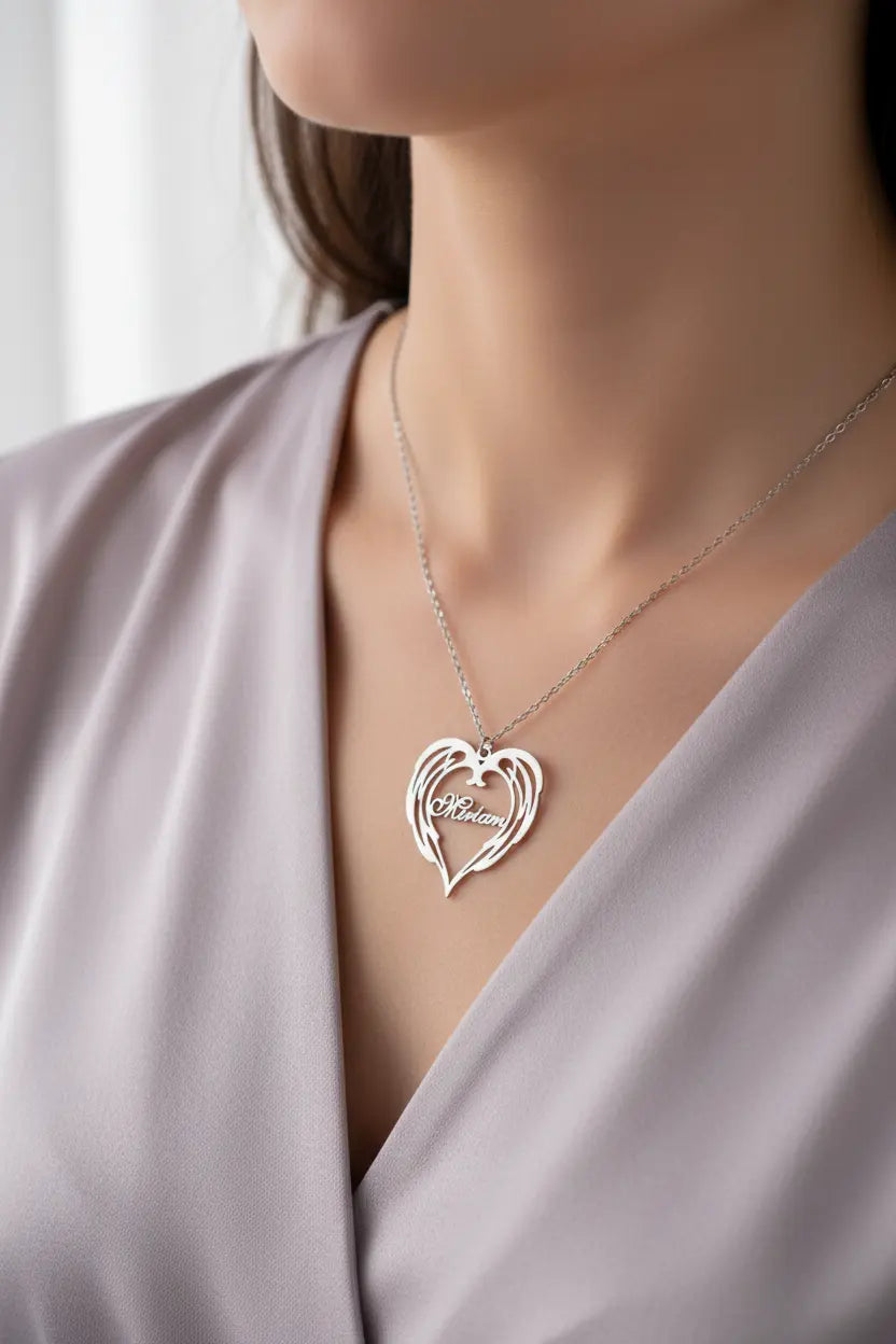 Personalized Angel Wings Heart Name Necklace | Custom Engraved Cursive Script | Titanium Steel | Gold, Silver, Rose Gold | Gift for Her, Mom, Daughter, Wife, Best Friend