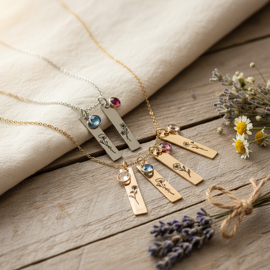 Birth Month Flower Bar Necklace with Birthstone Charm | Personalized Gift for Her