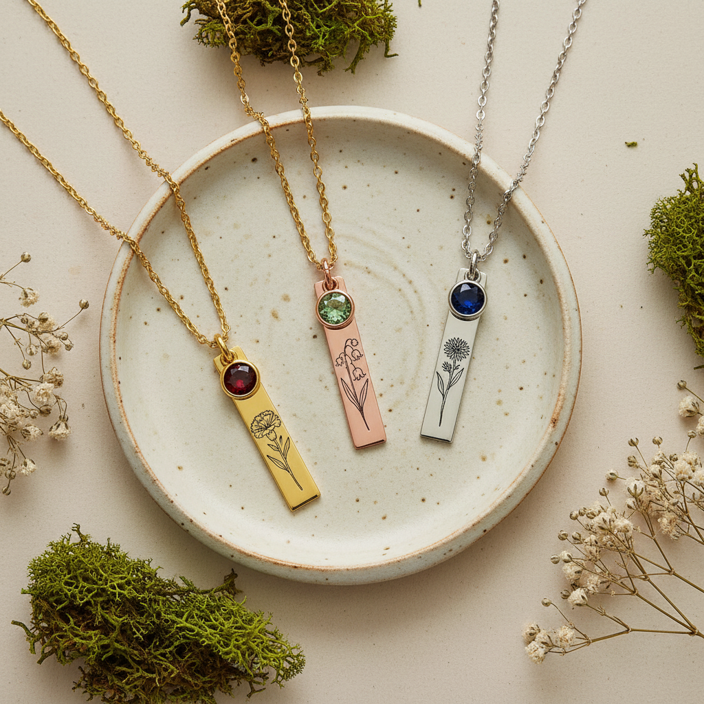 Three birth month flower bar necklaces in gold rose gold and silver on vintage ceramic plate with baby's breath