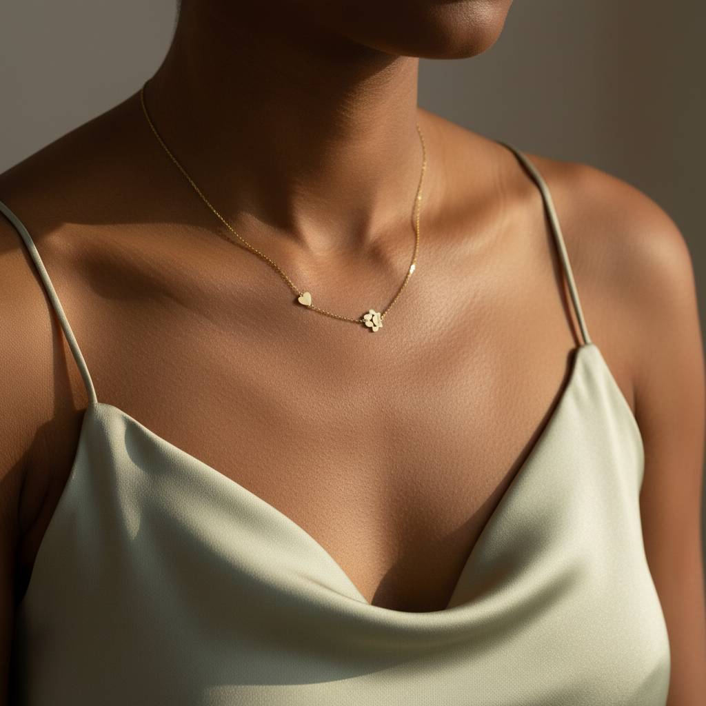 African American model wearing personalized paw print heart necklace in gold