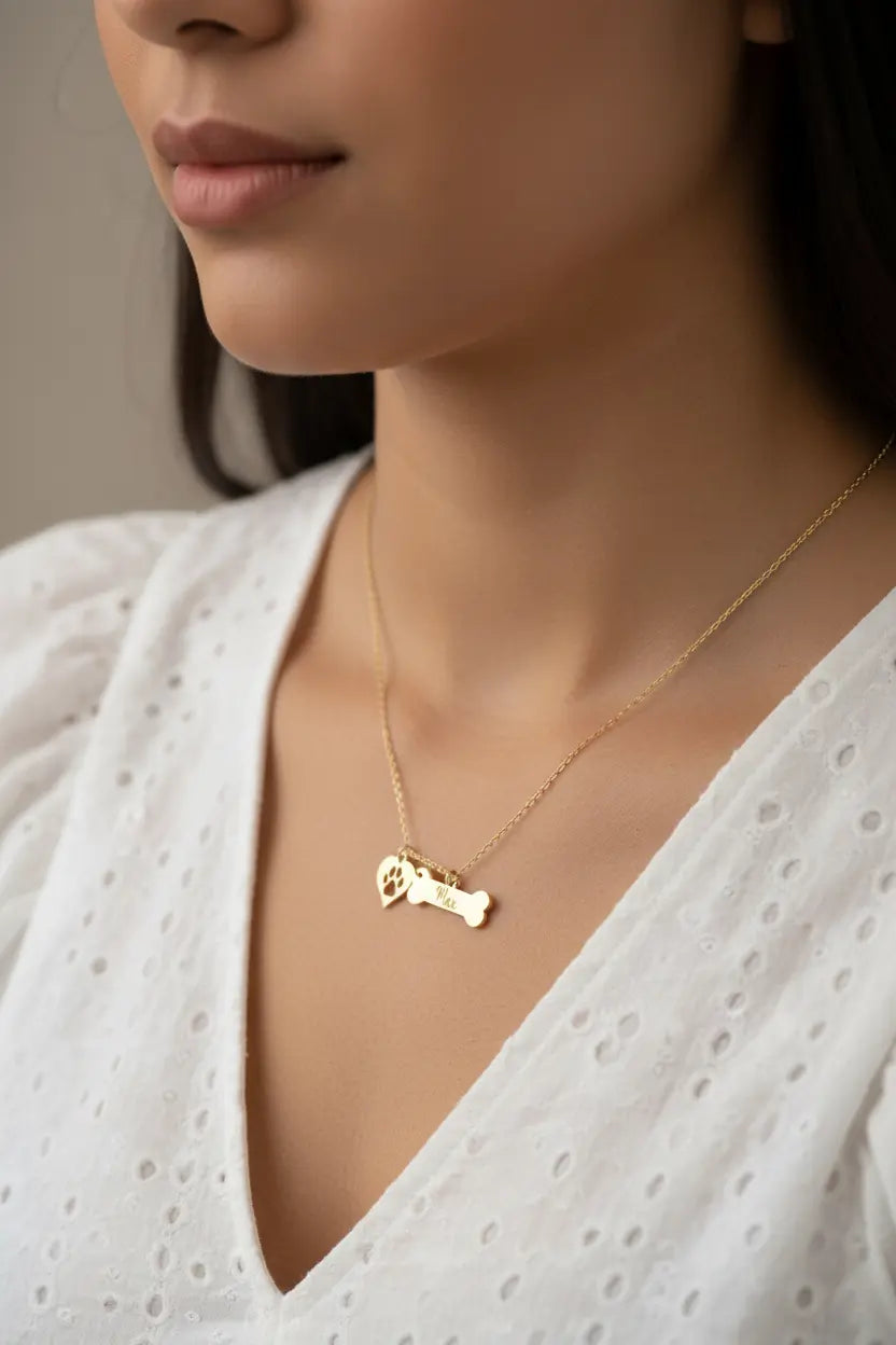Personalized Pet Name Necklace – Custom Engraved Dog Bone & Paw Print Heart Charm, Gold & Silver Dog Mom Jewelry Gift