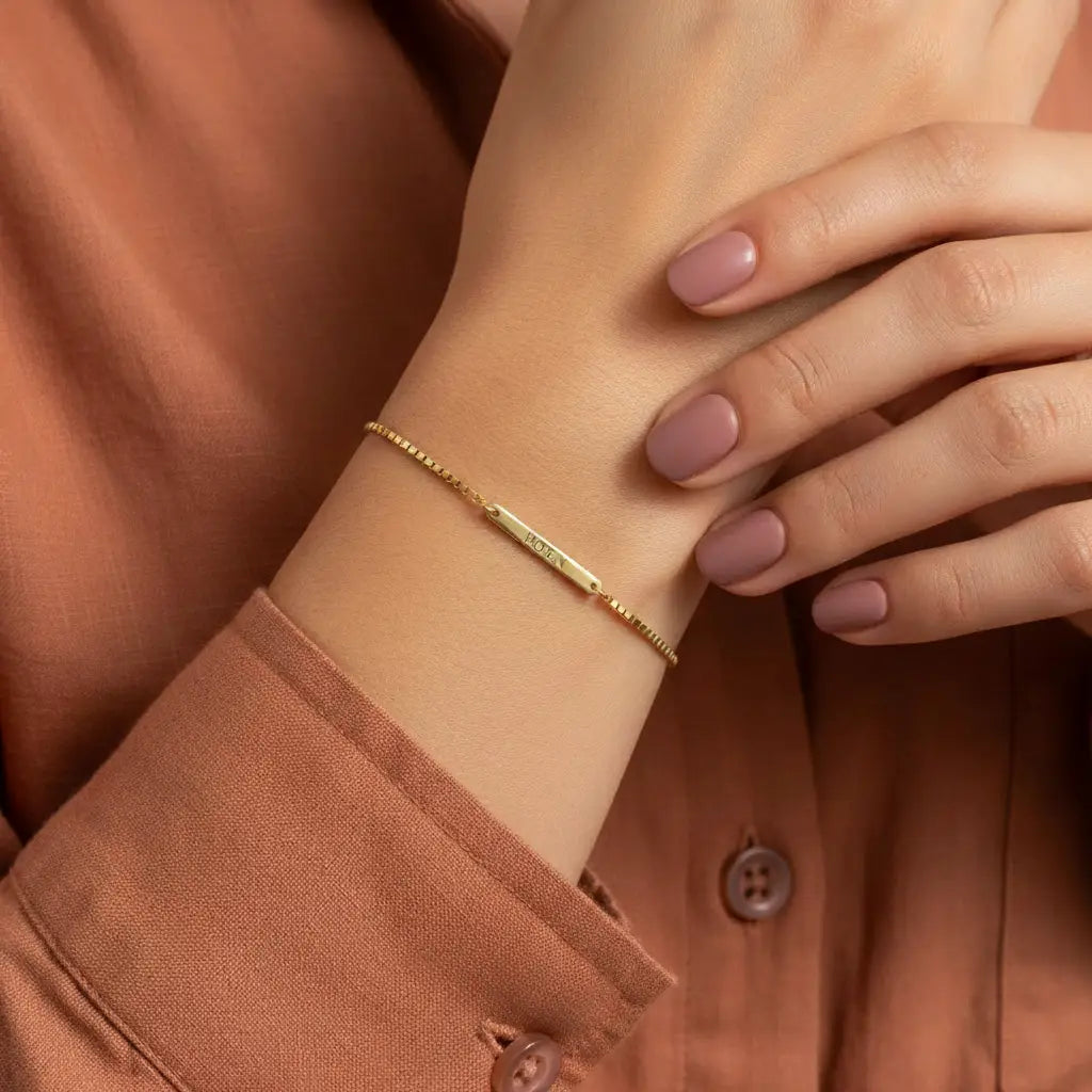 Custom Engraved Name Bracelet – Personalized Bar Bracelet | Titanium Steel, 18K Gold Plated