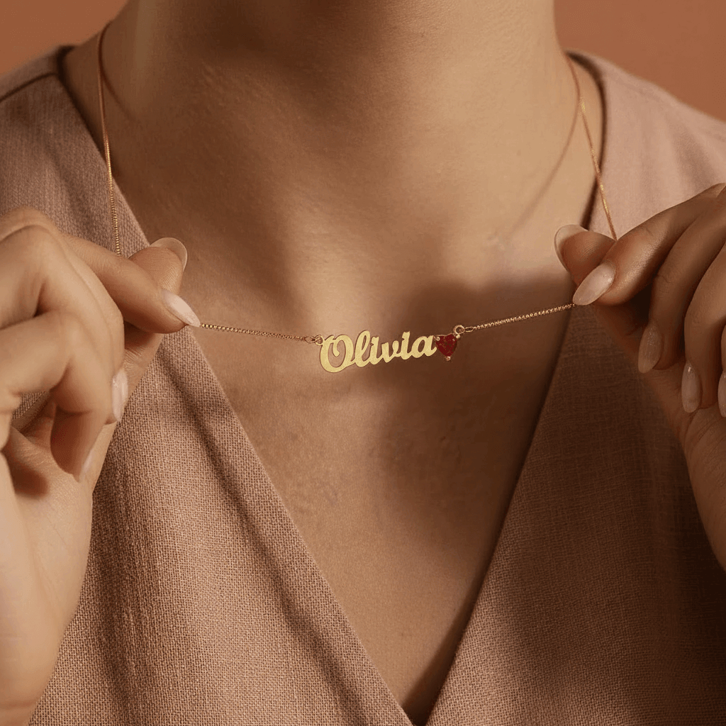 Custom Name Necklace with Birthstone Heart Charm | Personalized Gift for Her