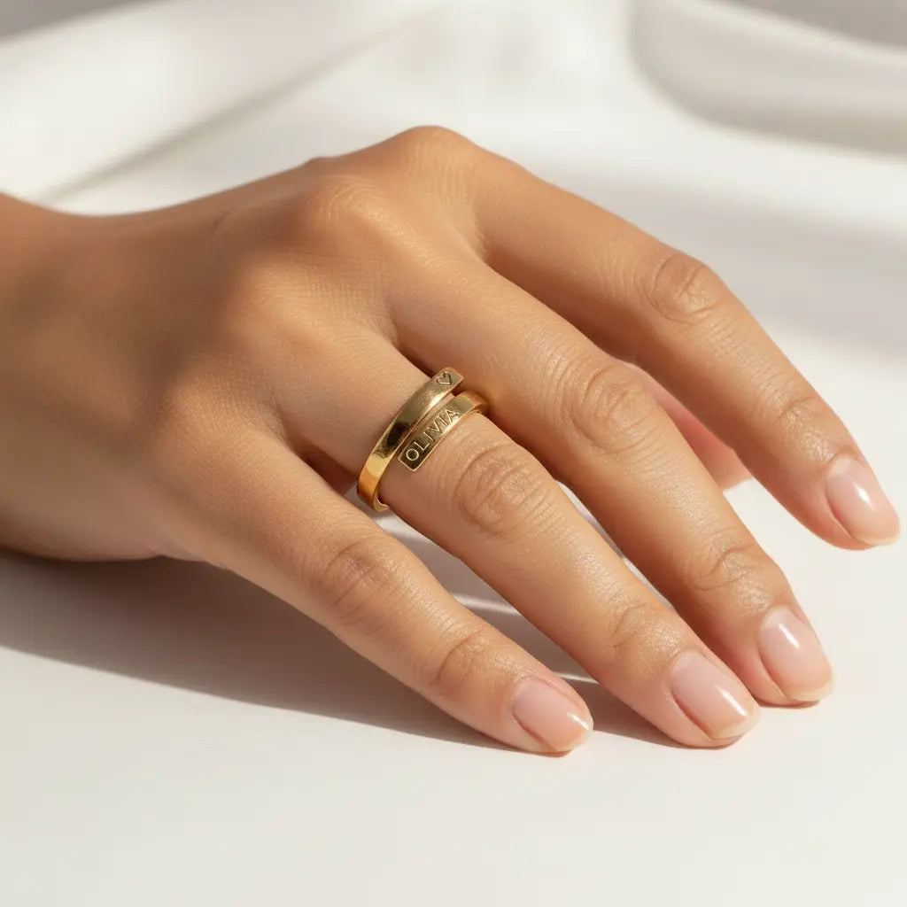 Custom Engraved Wrap Ring – Personalized Name Open Band | Titanium Steel, 18K Gold Plated