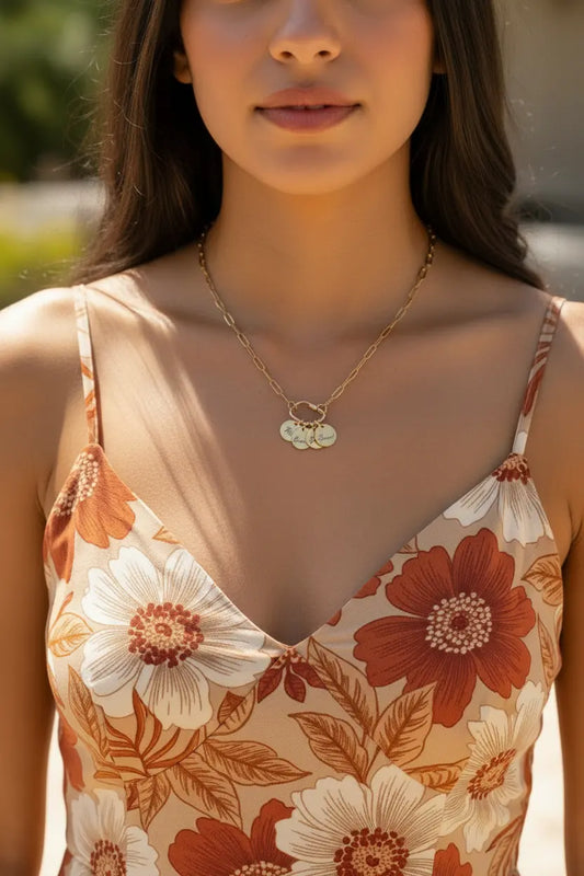 Personalized Name Charm Necklace | Custom Engraved Gold Coin Pendant | Paperclip Chain | Gift for Mom, Wife, Best Friend