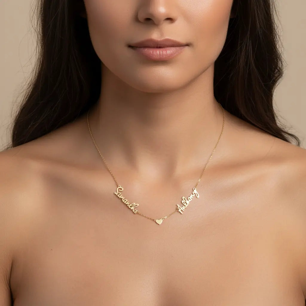 Custom Two Name Heart Necklace – Personalized Couples Name Pendant | Titanium Steel, 18K Gold Plated