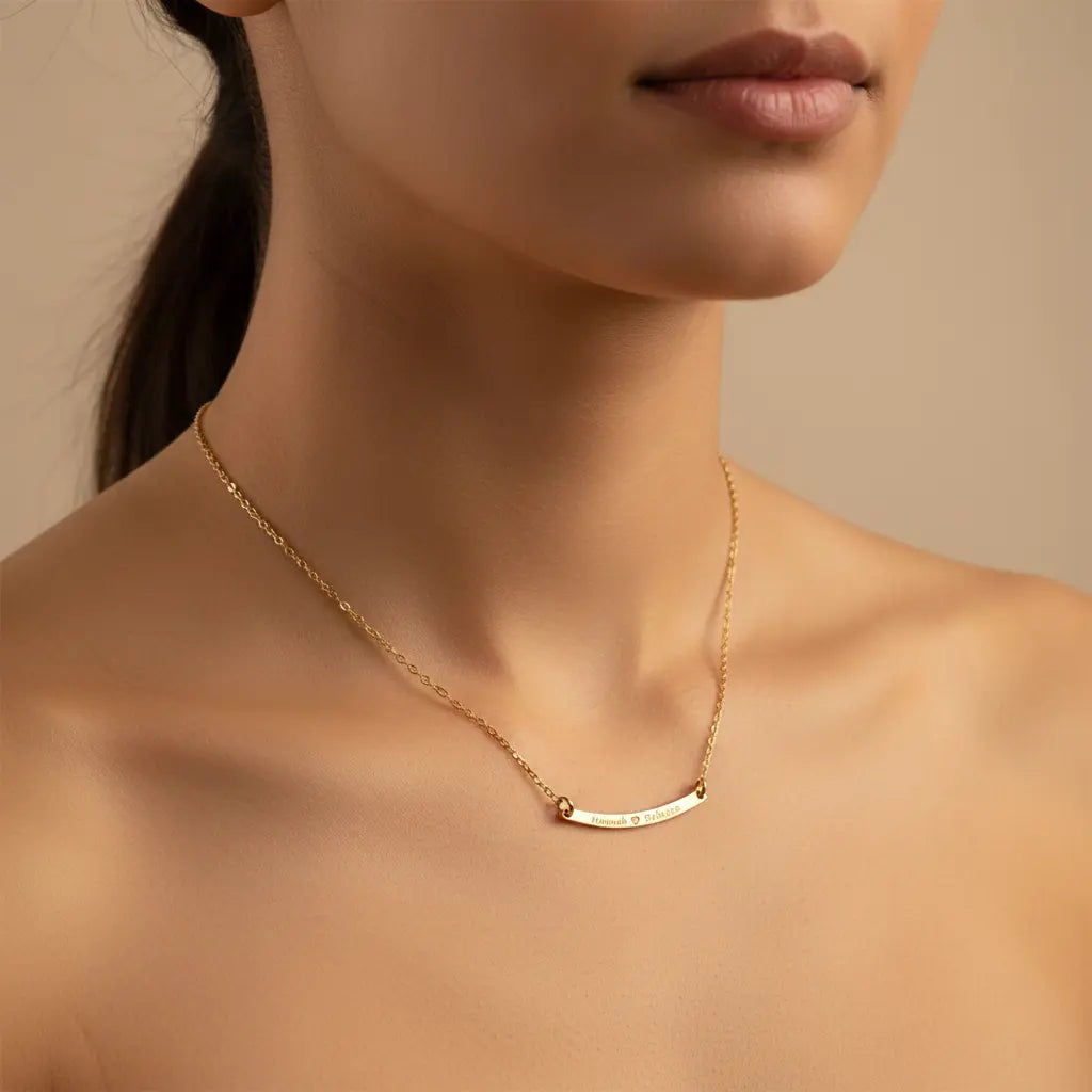 Custom Engraved Bar Necklace – Personalized Name Horizontal Bar Pendant | Titanium Steel, 18K Gold Plated