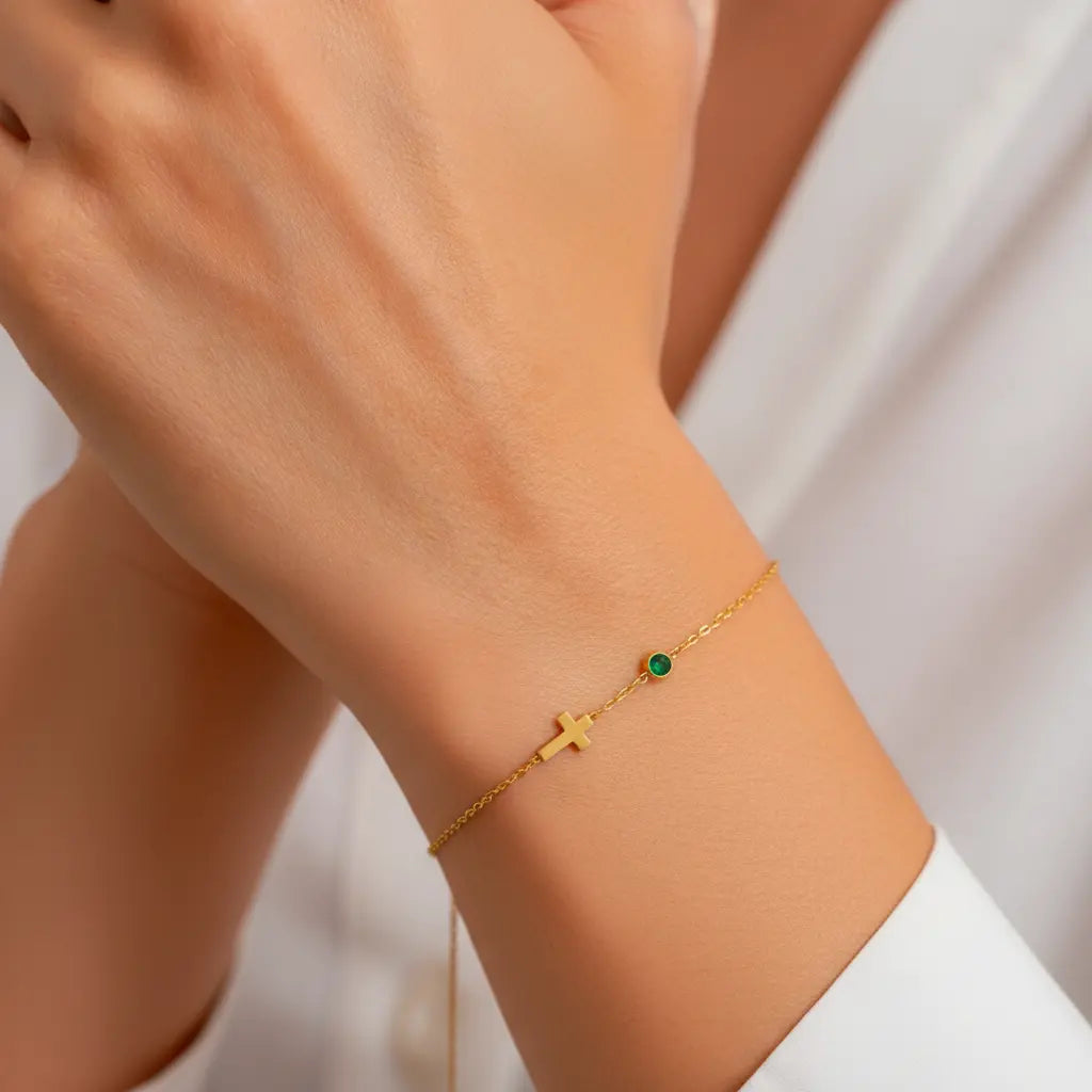 Birthstone Cross Bracelet – Personalized Gemstone & Cross Charm | Titanium Steel, 18K Gold Plated