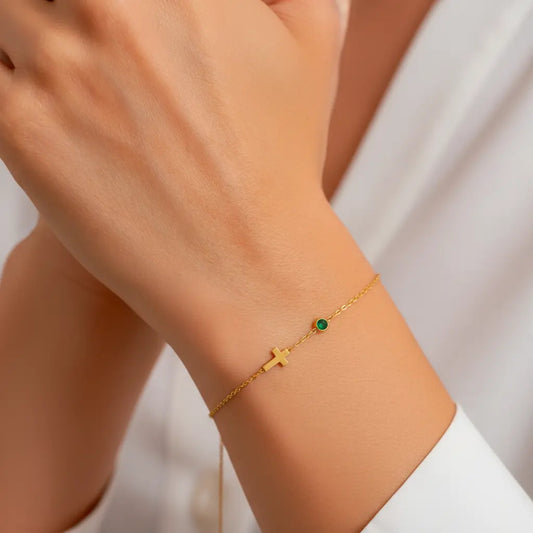 Birthstone Cross Bracelet – Personalized Gemstone & Cross Charm | Titanium Steel, 18K Gold Plated