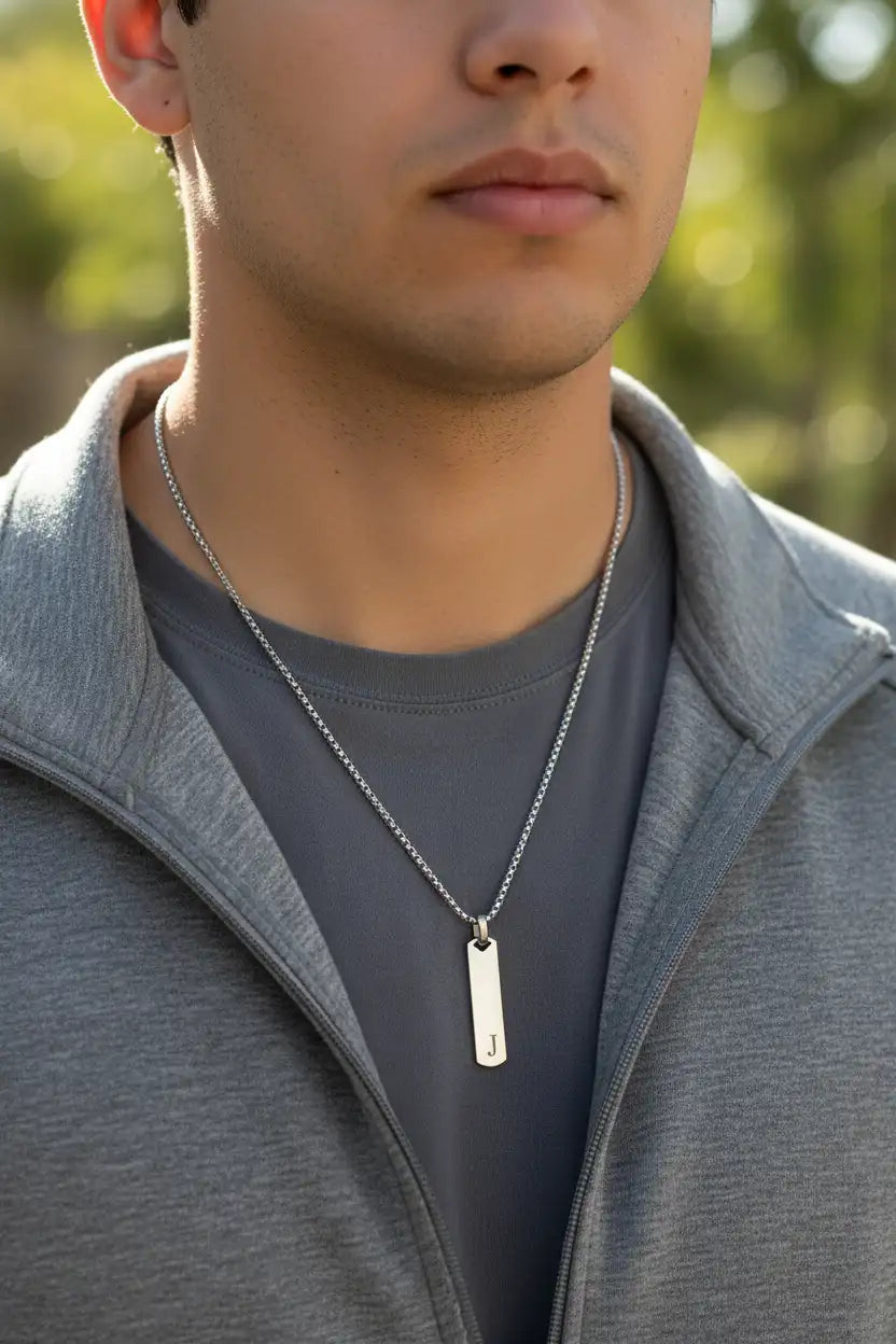 Men's Personalized Initial Bar Necklace | Custom Engraved Letter Pendant | Titanium Steel Box Chain | Gift for Him, Boyfriend, Dad, Brother, Groomsman