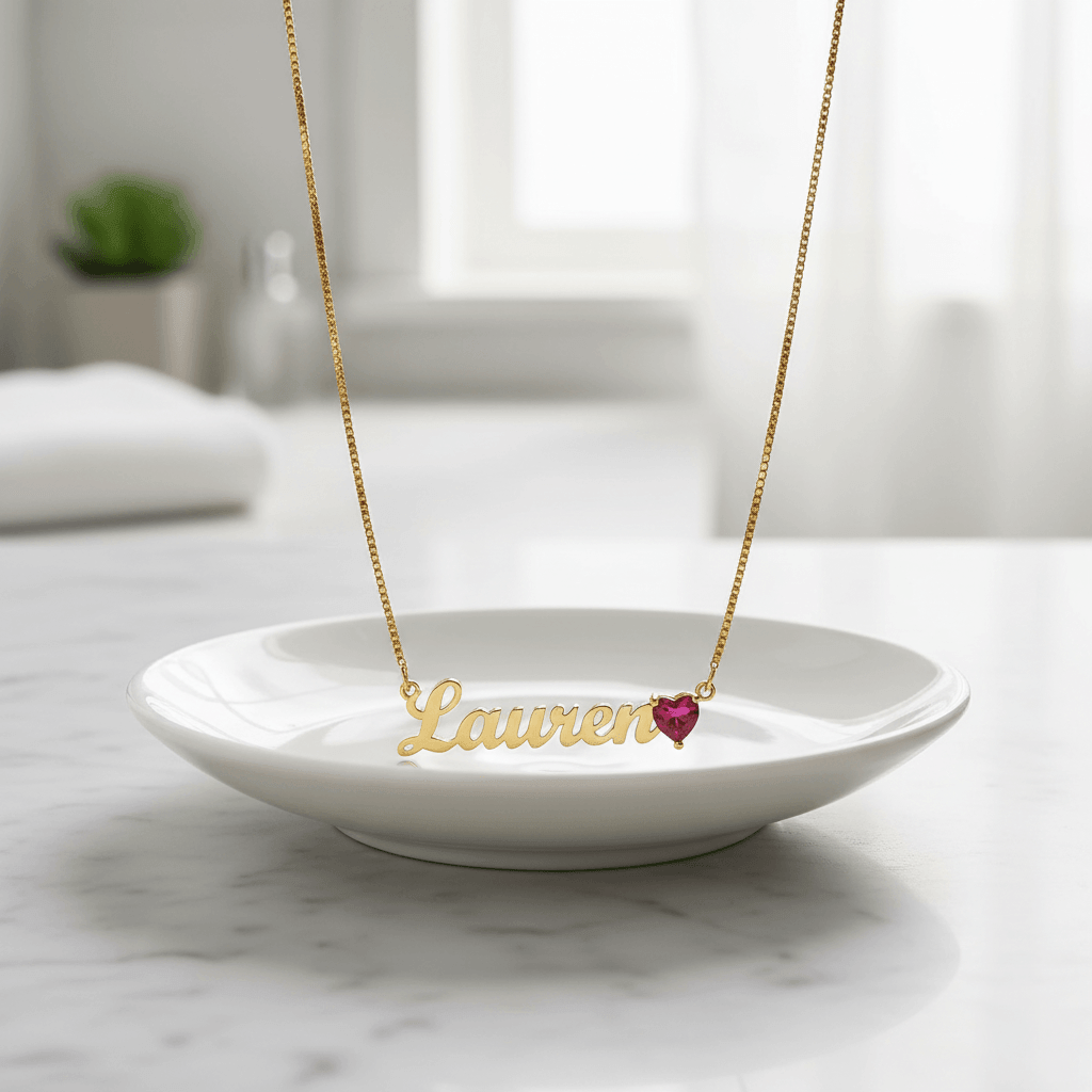Custom Name Necklace with Birthstone Heart Charm | Personalized Gift for Her