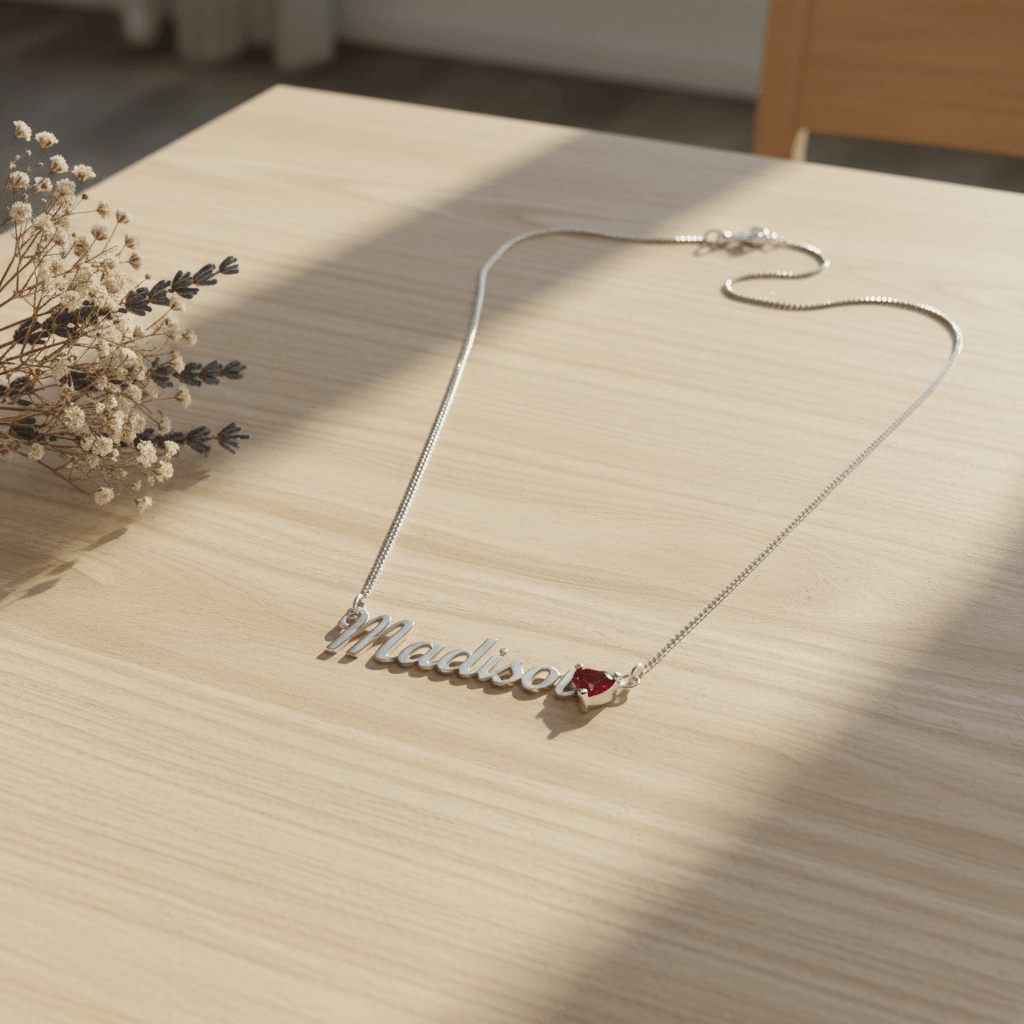 Custom Name Necklace with Birthstone Heart Charm | Personalized Gift for Her