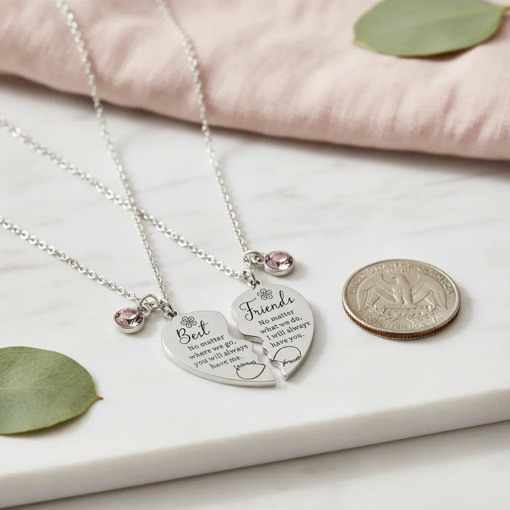 Best Friends Birthstone Necklace Set – Personalized Name Engraved, Split Heart BFF Jewelry Gift for 2