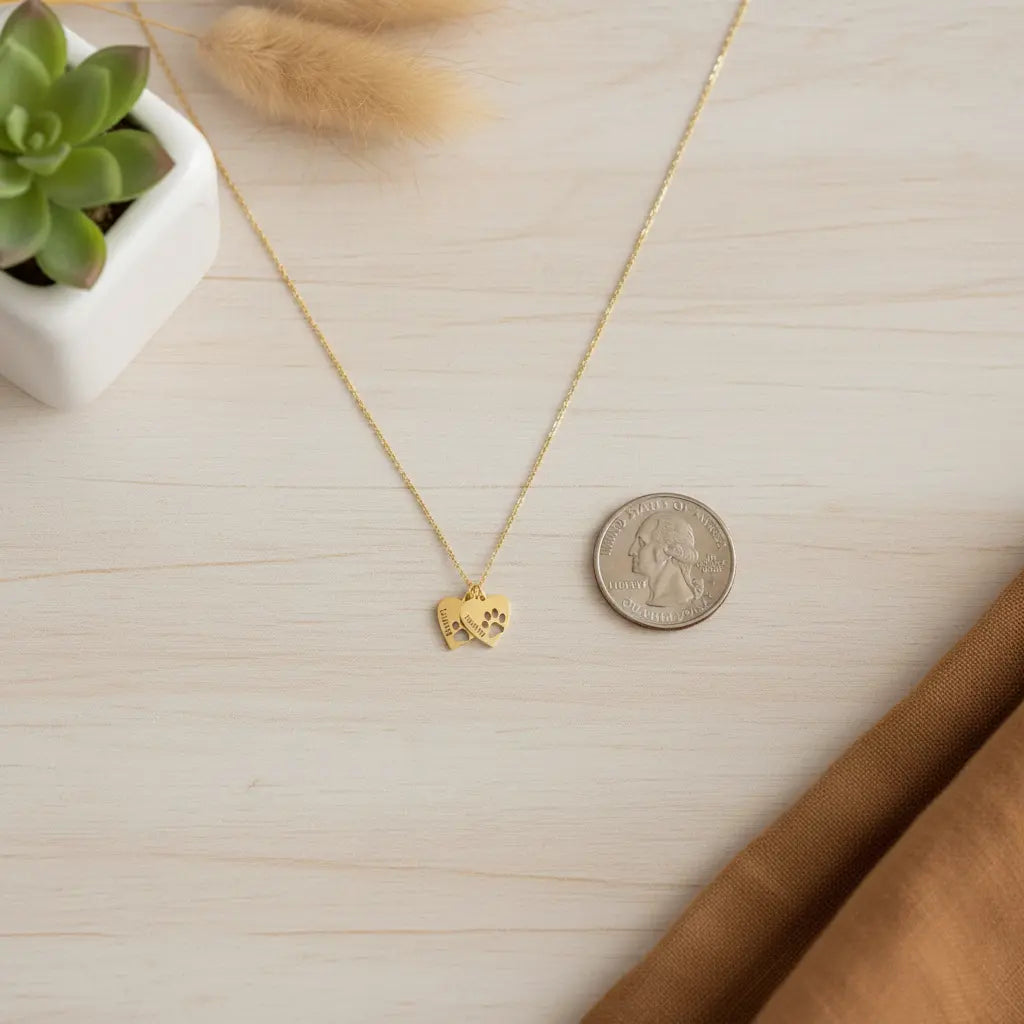 Personalized Paw Print Heart Necklace – Custom Pet Name Engraved, 1 to 4 Hearts, Gold Dog Cat Memorial Jewelry Gift