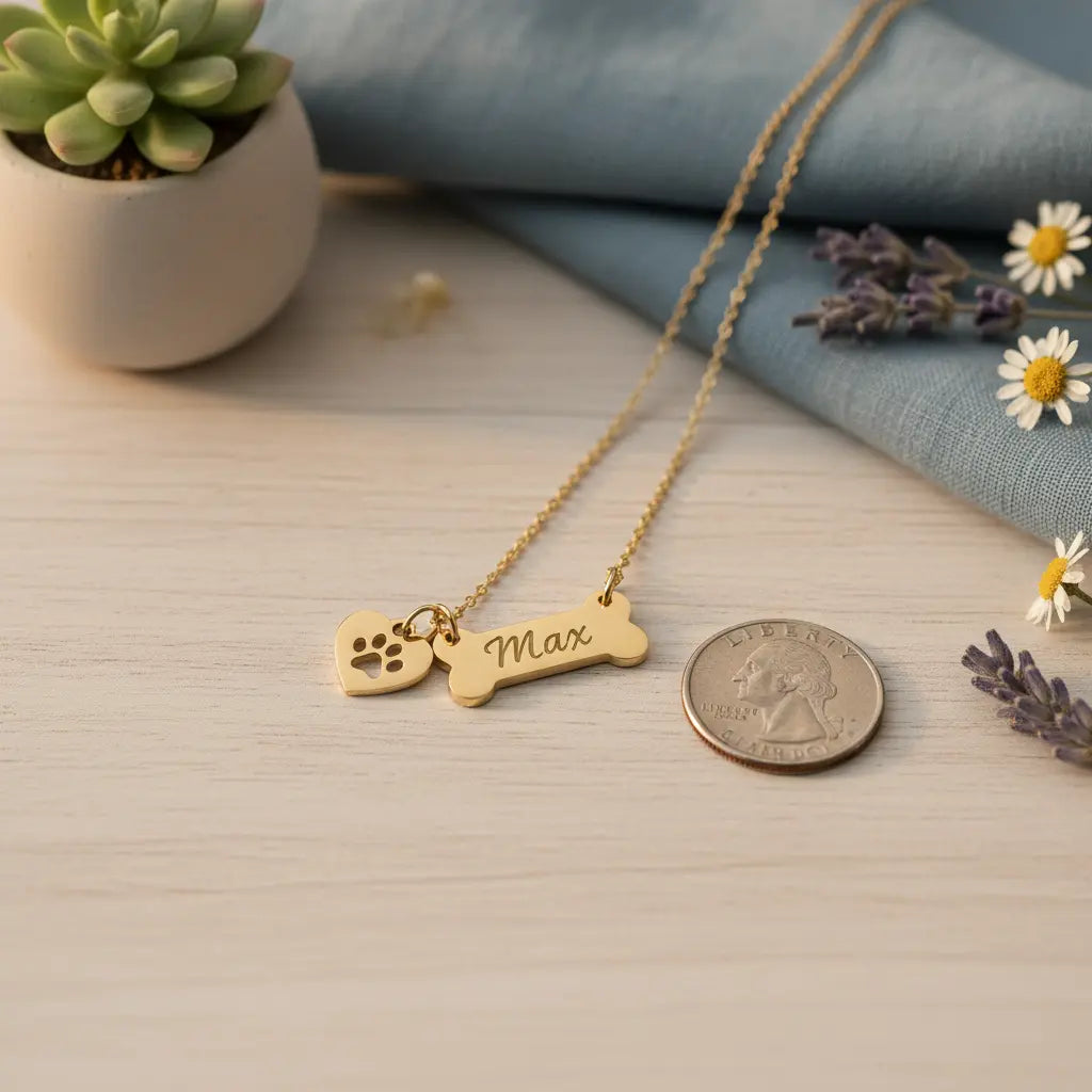 Personalized Pet Name Necklace – Custom Engraved Dog Bone & Paw Print Heart Charm, Gold & Silver Dog Mom Jewelry Gift