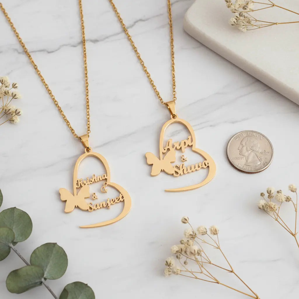 Personalized Heart Butterfly Couples Name Necklace | Custom Two Names Engraved | Titanium Steel | Gift for Couples, Best Friends, Mom & Daughter