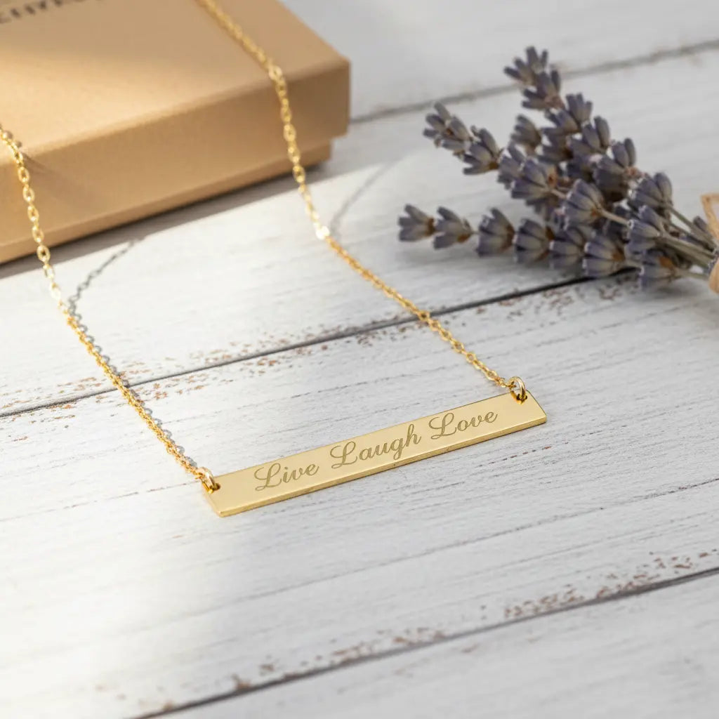 Custom Engraved Bar Necklace – Personalized Name Quote Horizontal Pendant | Titanium Steel, 18K Gold Plated