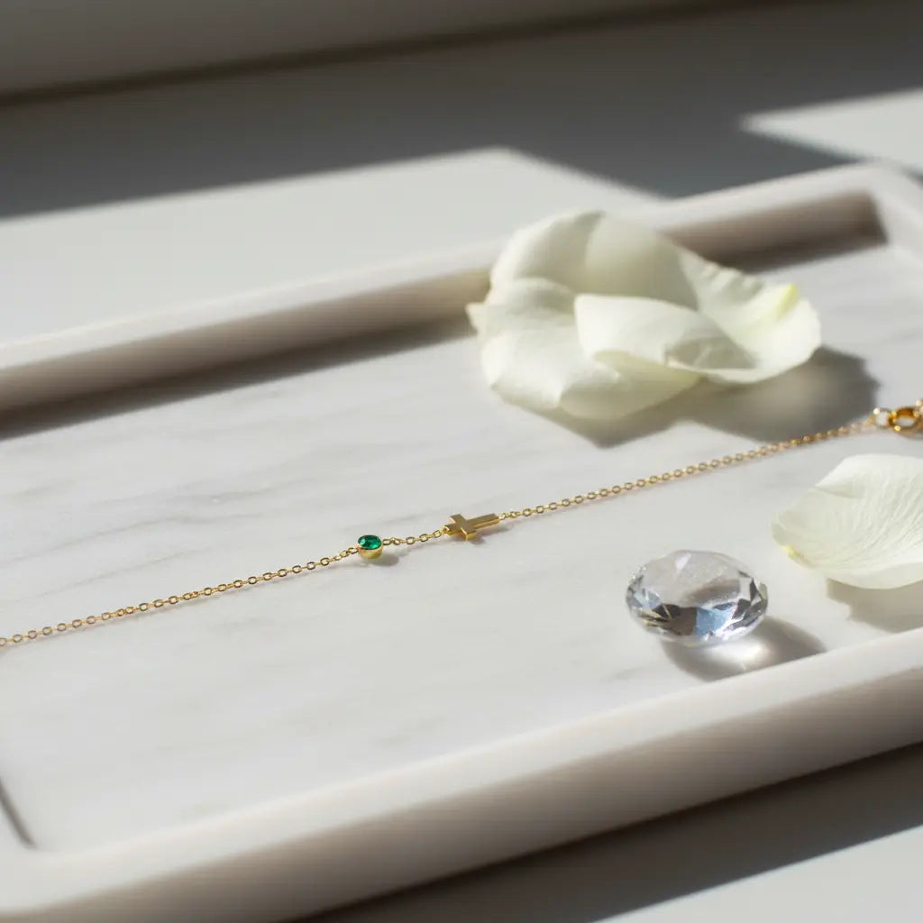 Birthstone Cross Bracelet – Personalized Gemstone & Cross Charm | Titanium Steel, 18K Gold Plated