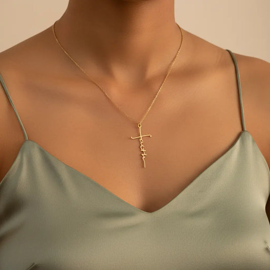 Custom Word Cross Necklace – Personalized Cursive Script Faith Pendant | Titanium Steel, 18K Gold Plated