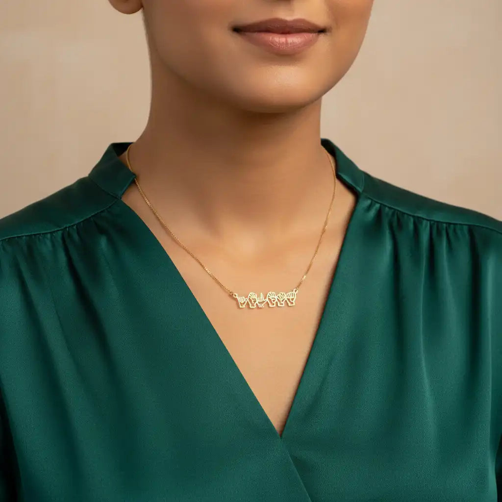 Custom ASL Sign Language Name Necklace – Personalized Hand Gesture Letter Pendant | Titanium Steel, 18K Gold Plated
