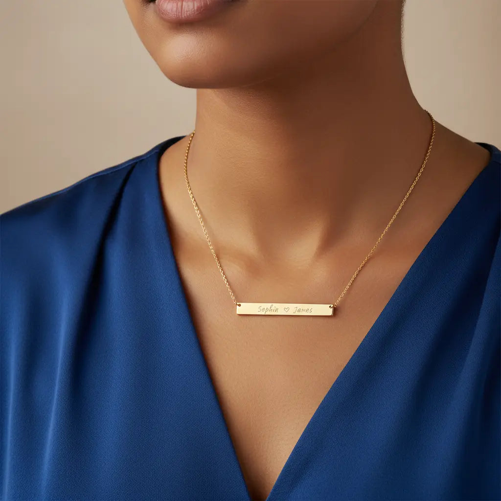Custom Engraved Bar Necklace – Personalized Name Quote Horizontal Pendant | Titanium Steel, 18K Gold Plated