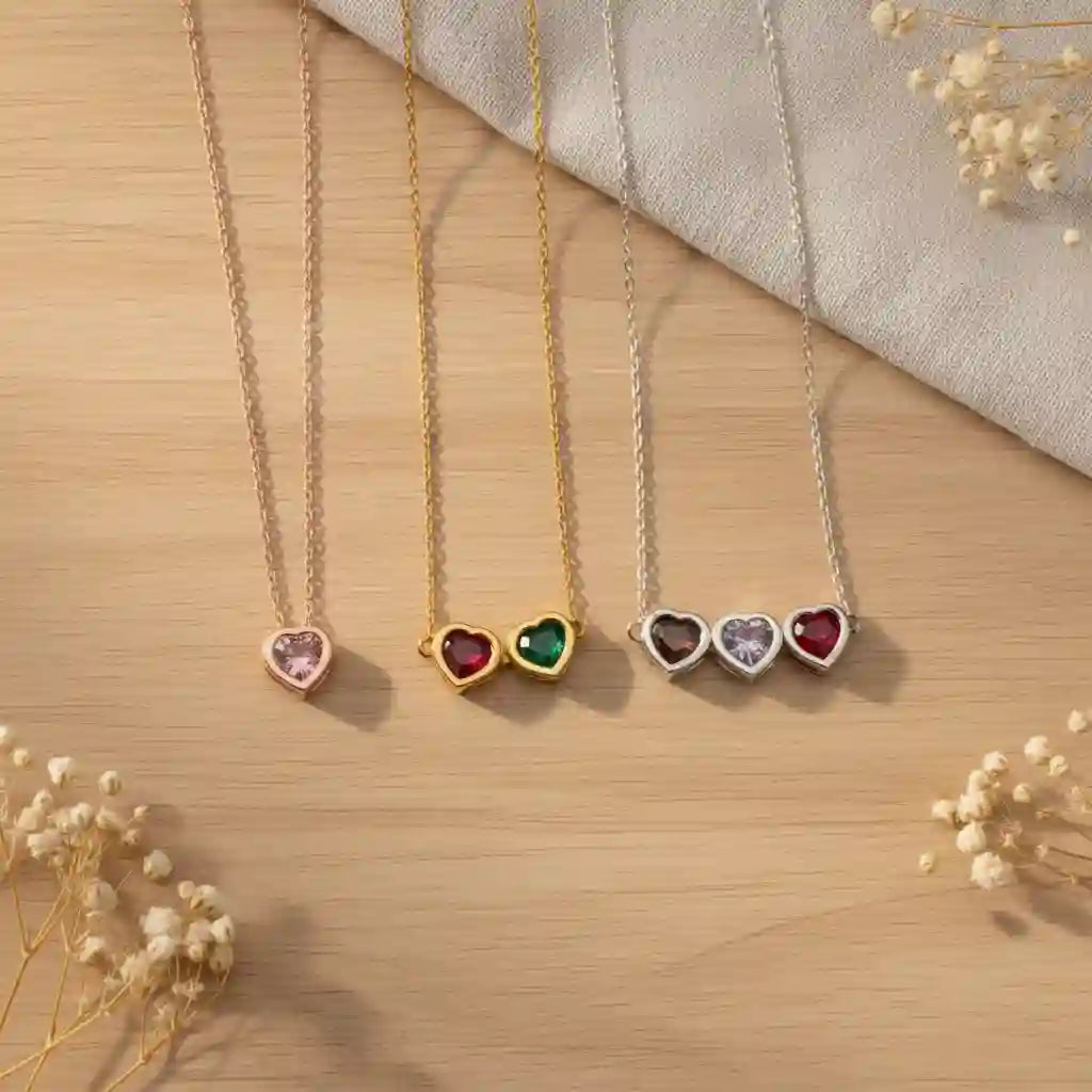 Custom Birthstone Heart Necklace | 1-3 Stones | Personalized Family Gift for Her – XN Jewelry