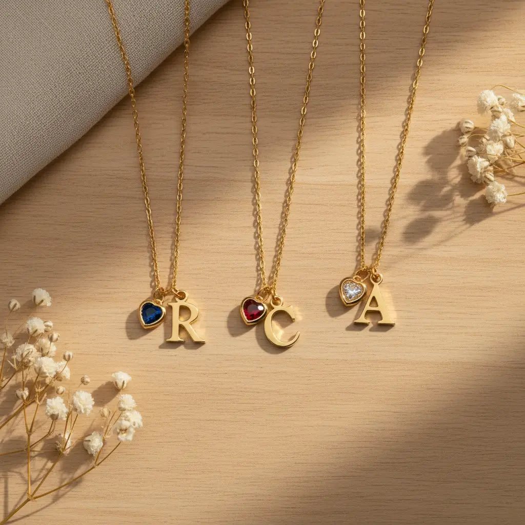 Custom Initial Necklace with Birthstone Heart | 1-3 Letters & 1-4 Stones | Personalized Gift – XN Jewelry